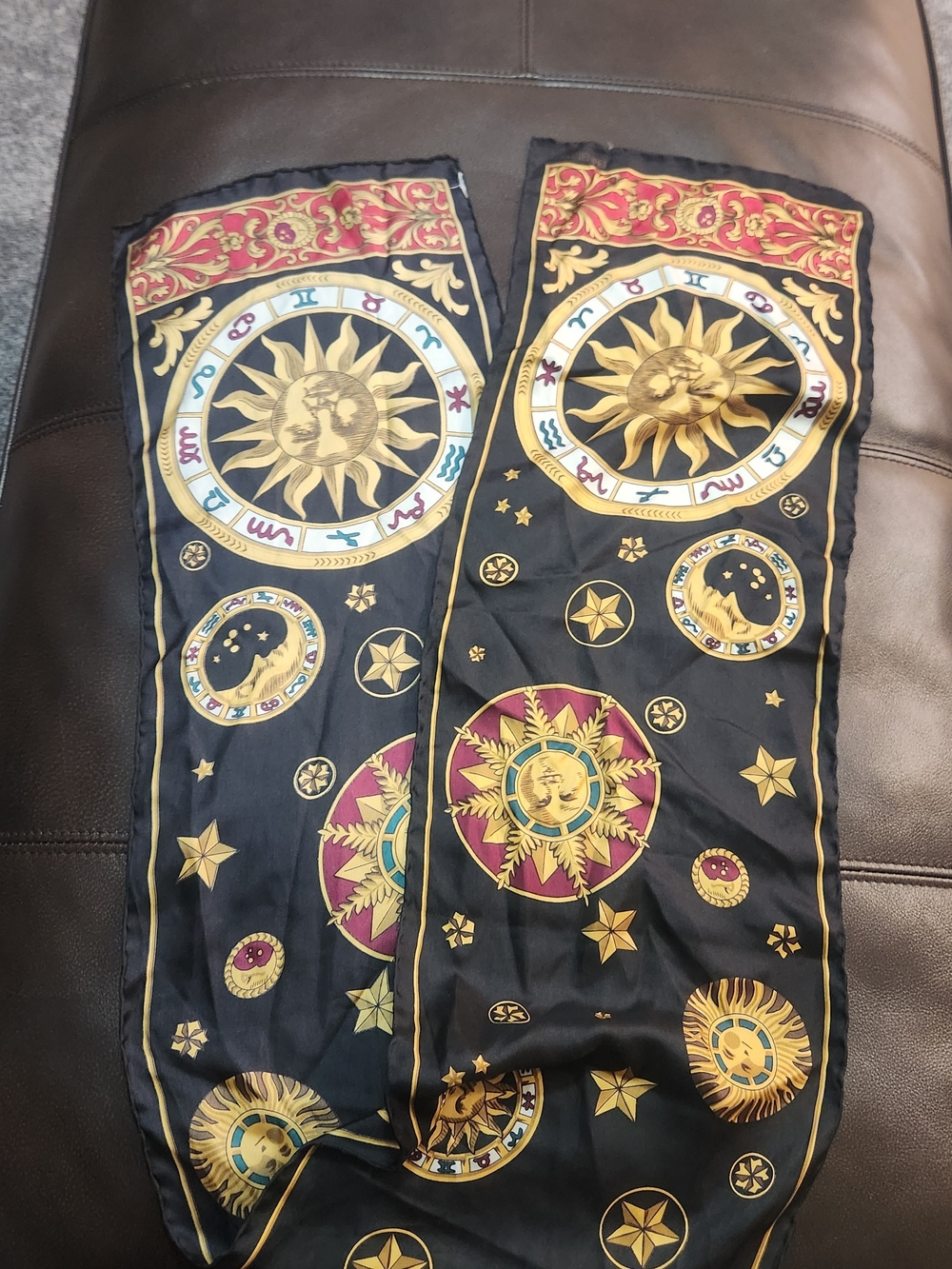 Vintage Bill Blass Silk Scarf Celestial Zodiac OS Sun Moon Astrology Black Gold